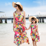 亲子装夏装2015母女裙装三口家庭装海边沙滩母子套装连衣裙长裙