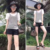 2016夏新款韩版女装修身显瘦白色短袖T恤条纹吊带背心两件套上衣