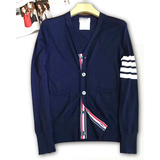 美国Thom Browne 16早秋精品  深蓝色 条纹袖标 高腰羊绒针织开衫