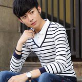 秋冬季男装长袖纯棉条纹T恤衬衫领假两件韩版修身体恤青少年t桖潮