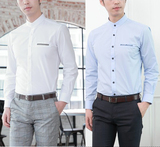 韩国代购纯色长袖衬衫男立领夏季韩版修身型上衣东大门时尚衬衣潮