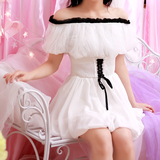 少女日系可爱气质甜美公主风一字领短袖蕾丝雪纺收腰绑带连衣裙