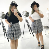 大码女装胖MM夏装2016韩版休闲短袖T恤拼接格子衬衫假两件连衣裙