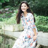 羊毛与花 复古中国风印花连衣裙中袖森女中长款文艺裙子宽松