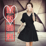 韩国代购小黑裙韩版新款中长款显瘦修身v领雪纺黑色连衣裙女短袖