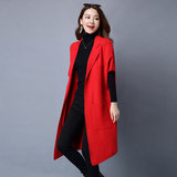 时尚中袖针织衫女开衫中长款加厚翻领大衣韩版秋冬红色本命年外套
