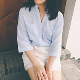 PISN2016 夏季新款女 简约气质棉麻百搭纯色小V立领休闲半袖衬衫