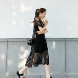 iFashion2016夏季新款黑色性感镂空蕾丝衫女中长款连衣裙 两件套