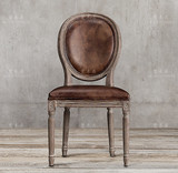 美式田园皮质椅子复古做旧橡木拉丝餐椅小户型欧式洽谈接待椅会所
