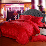 家纺刺绣贡缎提花婚庆四件套厚蕾丝大红色床品结婚床上用品