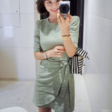 韩国2016夏季新款 修身显瘦收腰短袖棉麻连衣裙女气质包臀短裙子
