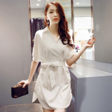 2016新款韩版女装春夏短裙白色中袖雪纺衬衫连衣裙