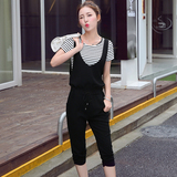 2016夏装新款女装 韩版休闲时尚条纹T恤黑色七分裤背带裤两件套装