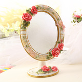 化妆梳妆镜桌面立台式韩式田园公主可爱粉色树脂浮雕花边镜子