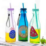 夏日塑料吸管汽水瓶糖果色水果图案大容量防漏学生随行柠檬水杯子