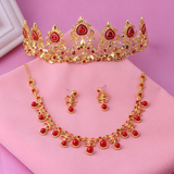 韩式新娘皇冠三件套首饰套装红色珍珠水钻头饰项链饰品旗袍配饰
