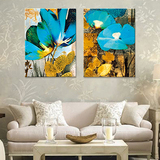 蓝色花 纯手绘油画 客厅卧室电视沙发墙两拼花卉装饰画现代挂画