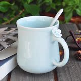 简约加厚陶瓷带盖勺咖啡杯个性创意梅花青釉马克杯 喝水杯子送女