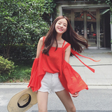 33studio韩国夏季超仙娃娃衫清凉露肩吊带露背一字领性感棉麻衬衫