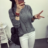 2016夏季新款韩版显瘦女学生长袖衬衫修身棉麻百搭格子薄款上衣潮