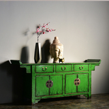 木时代新中式家具复古做旧新古典玄关柜绿色彩漆翘头案百搭餐边柜