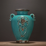 复古地中海田园蓝色裂纹陶瓷餐桌摆放花瓶花器 做旧陶罐 欧式摆件