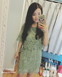 TUTUFEEL 2016新款夏装 韩国精致蕾丝清新绿色假两件套短袖连衣裙