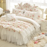 全棉韩版四件套 纯棉粉色花边韩式公主蕾丝床裙床单被套田园套件