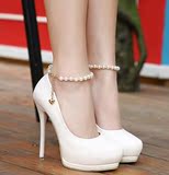 超高跟鞋韩国公主一字扣带珍珠细跟女鞋圆头浅口套脚单鞋10cm白色