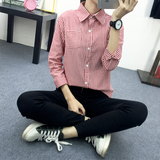 韩国女装2016新款条纹衬衫女长袖中长款立领衬衣宽松显瘦A字寸衫