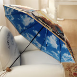 蓝天白云新款 风景油画双层不透光晴雨伞防晒三折叠黑胶伞遮阳伞