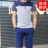 夏天短袖男T恤套装休闲男士体恤条纹潮流纯棉修身七分裤男装短裤
