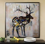 凝时创意现代纯手绘油画美式风格挂画客厅卧室玄关壁画麋鹿装饰画