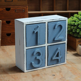 木质桌面整理箱收纳箱  创意家居床头抽屉储物柜 蓝色数字四抽柜