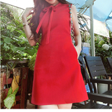 夏季女装小清新蝴蝶结小红裙礼服连衣裙无袖a字显瘦直筒红色裙子