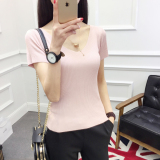 2016夏季新款韩版V领修身身紧身针织冰丝短袖纯色T恤打底上衣女装