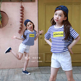 韩国童装女童纯棉条纹海魂衫短袖T恤中大童条纹上衣儿童打底汗衫