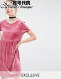 【直邮ASOS英国代购】Reclaimed Vintage 粉色短袖丝绒宽松连衣裙