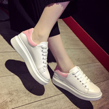 韩版休闲拼色小白鞋女系带夏新品粉色板鞋厚底透气运动鞋跑步鞋潮