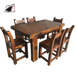 特价老船木餐桌椅组合全实木长方形餐厅桌餐台客厅饭馆桌椅可定做