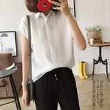 OC14小小袖子-韩版夏季女装宽松竖条纹蝙蝠短袖棉麻衬衫衣mn26 X