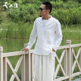 春季新品 中国风复古亚麻衬衫青年男装 长袖立领大码宽松棉麻衬衣