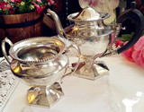 西洋欧洲古董银器美国MERIDEN六角型镀银茶壶咖啡壶糖罐两件套