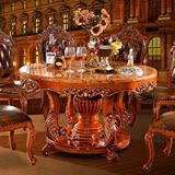 欧式天然大理石餐桌美式仿古实木雕花圆桌双层餐桌椅组合特价包邮