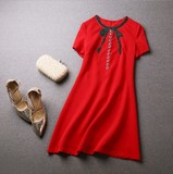 小红裙礼服 欧洲站明星同款裙子夏季连衣裙显瘦 OL气质钉珠a字裙