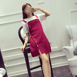 六公主 2016夏季新款韩版时尚气质斜边排扣开叉针织背带裙女