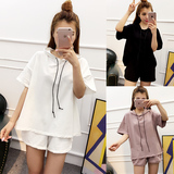 2016夏装韩版宽松纯色短袖连帽T恤休闲运动套装女短裤两件套女