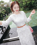 韩版女装白色水溶蕾丝花立体花朵连衣裙修身显瘦沙滩长裙夏 韩国