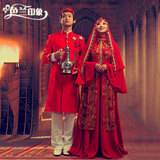 穆斯林服装女士回族新娘红色长袖穆斯林男女回族婚纱礼服影楼摄影