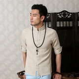 中国风男士夏季棉麻衬衫亚麻立领盘扣短袖上衣文艺复古半袖唐装潮